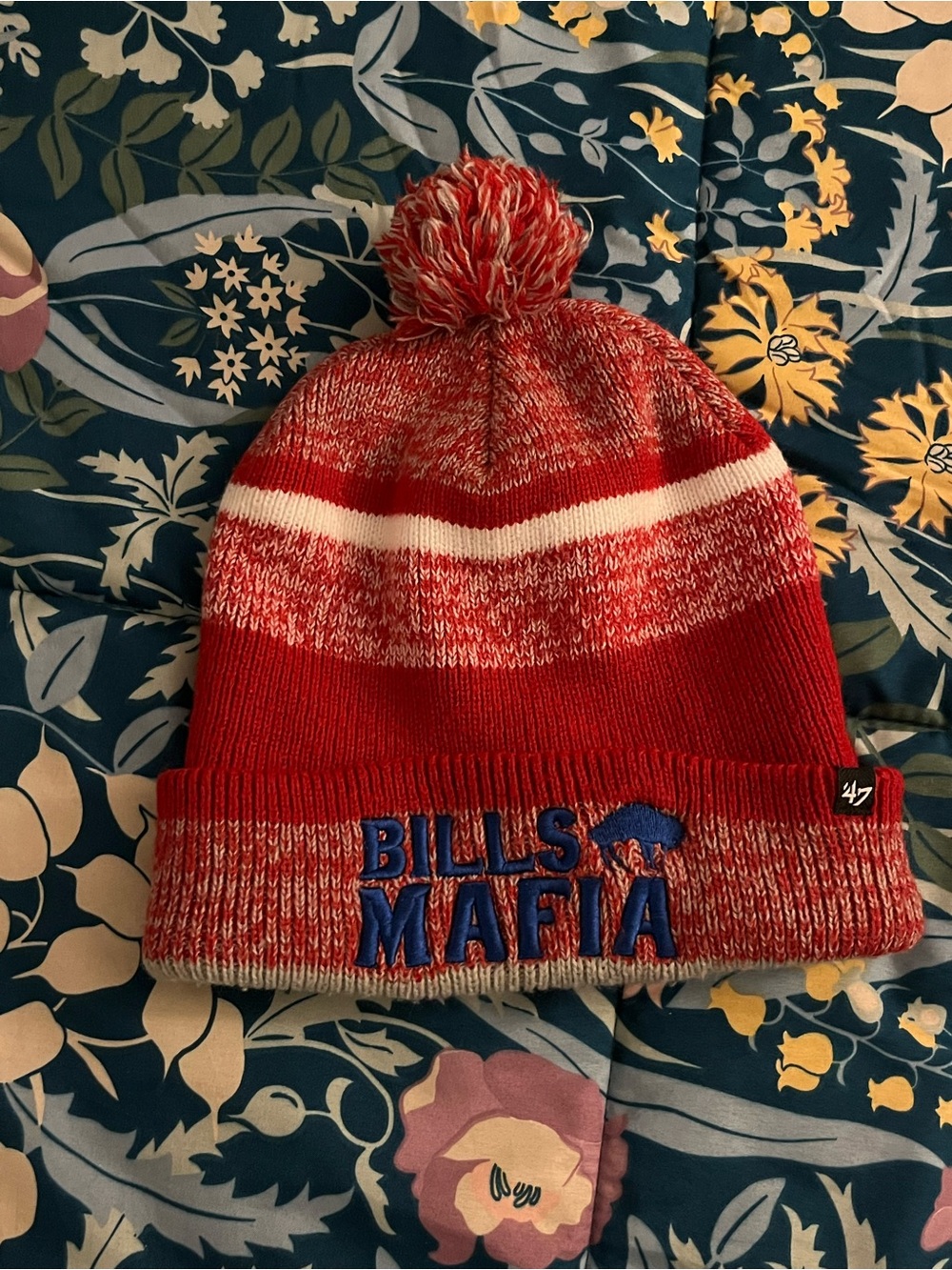 47 Brand Red and White "Bills Mafia" Pom Beanie Mens One Size Fits Most